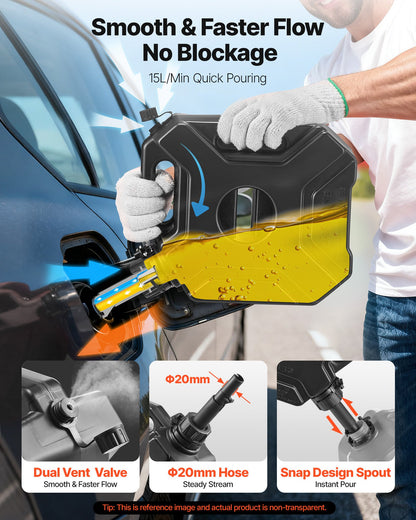 Fuel Container, 5 L, Gas Can with Spout and Lockable Bracket, 15 L/min Max Flow Rate, Secure & Leak-proof, Portable Flat Fluid Container for Most Cars Motorcycle ATV UTV, Black