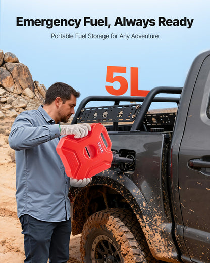 Fuel Container, 5 L, Gas Can with Spout and Lockable Bracket, 15 L/min Max Flow Rate, Secure & Leak-proof, Portable Flat Fluid Container for Most Cars Motorcycle ATV UTV, Red