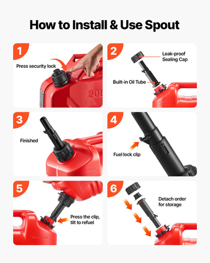 Fuel Container, 9.5 L, Gas Tank with Spout & Clear Scale, 15 L/min Max Flow Rate, Secure & Leak-proof, Portable Flat Fluid Container for Most Cars Motorcycle ATV UTV, Red, 1 Pack