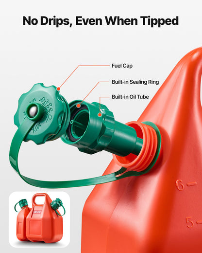 Kraftstoffbehälter, 6 l, Kraftstofftank mit Ausgießer und 1,9 l zusätzlichem Ölbehälter, max. Durchflussrate 5,5 l/min, auslaufsicherer und tragbarer flacher Flüssigkeitsbehälter für die meisten Autos, Motorräder, ATVs und UTVs.