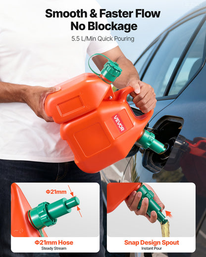 Kraftstoffbehälter, 6 l, Kraftstofftank mit Ausgießer und 1,9 l zusätzlichem Ölbehälter, max. Durchflussrate 5,5 l/min, auslaufsicherer und tragbarer flacher Flüssigkeitsbehälter für die meisten Autos, Motorräder, ATVs und UTVs.