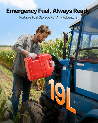 Kraftstoffkanister, 19 l, Benzintank mit Ausgießer und Skala, max. Durchflussrate 15 l/min, sicher und auslaufsicher, tragbarer flacher Flüssigkeitsbehälter für die meisten Autos, Motorräder, ATVs und UTVs, rot, 1 Stück