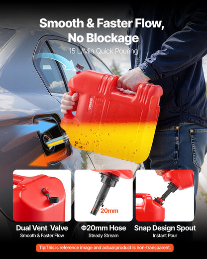 Kraftstoffkanister, 19 l, Benzintank mit Ausgießer und Skala, max. Durchflussrate 15 l/min, sicher und auslaufsicher, tragbarer flacher Flüssigkeitsbehälter für die meisten Autos, Motorräder, ATVs und UTVs, rot, 1 Stück