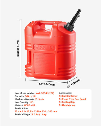 Kraftstoffkanister, 19 l, Benzintank mit Ausgießer und Skala, max. Durchflussrate 15 l/min, sicher und auslaufsicher, tragbarer flacher Flüssigkeitsbehälter für die meisten Autos, Motorräder, ATVs und UTVs, rot, 1 Stück