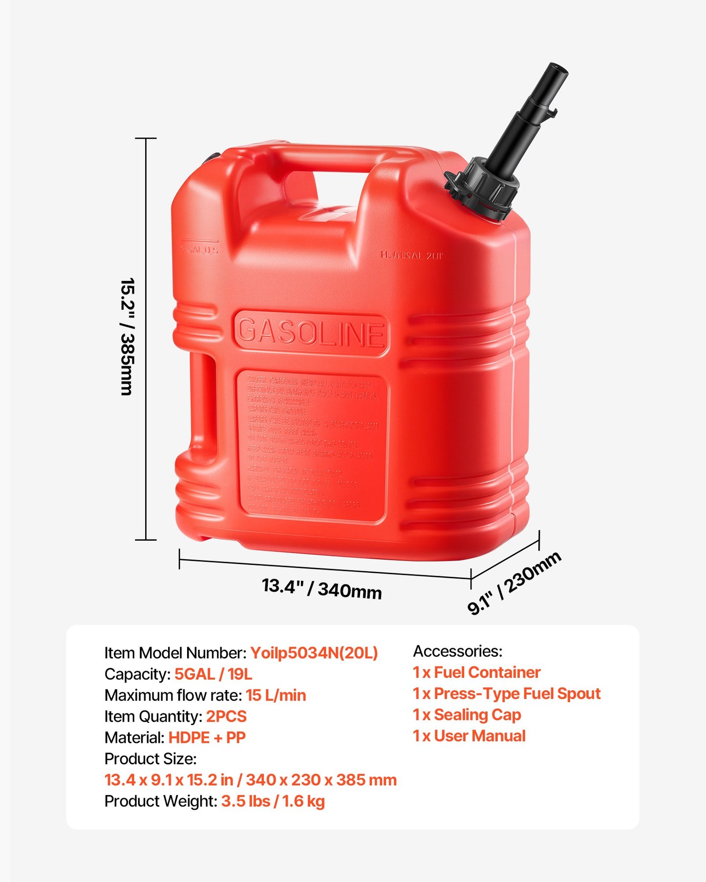 Kraftstoffkanister, 19 l, Benzintank mit Ausgießer und Skala, max. Durchflussrate 15 l/min, sicher und auslaufsicher, tragbarer flacher Flüssigkeitsbehälter für die meisten Autos, Motorräder, ATVs und UTVs, rot, 2er-Pack