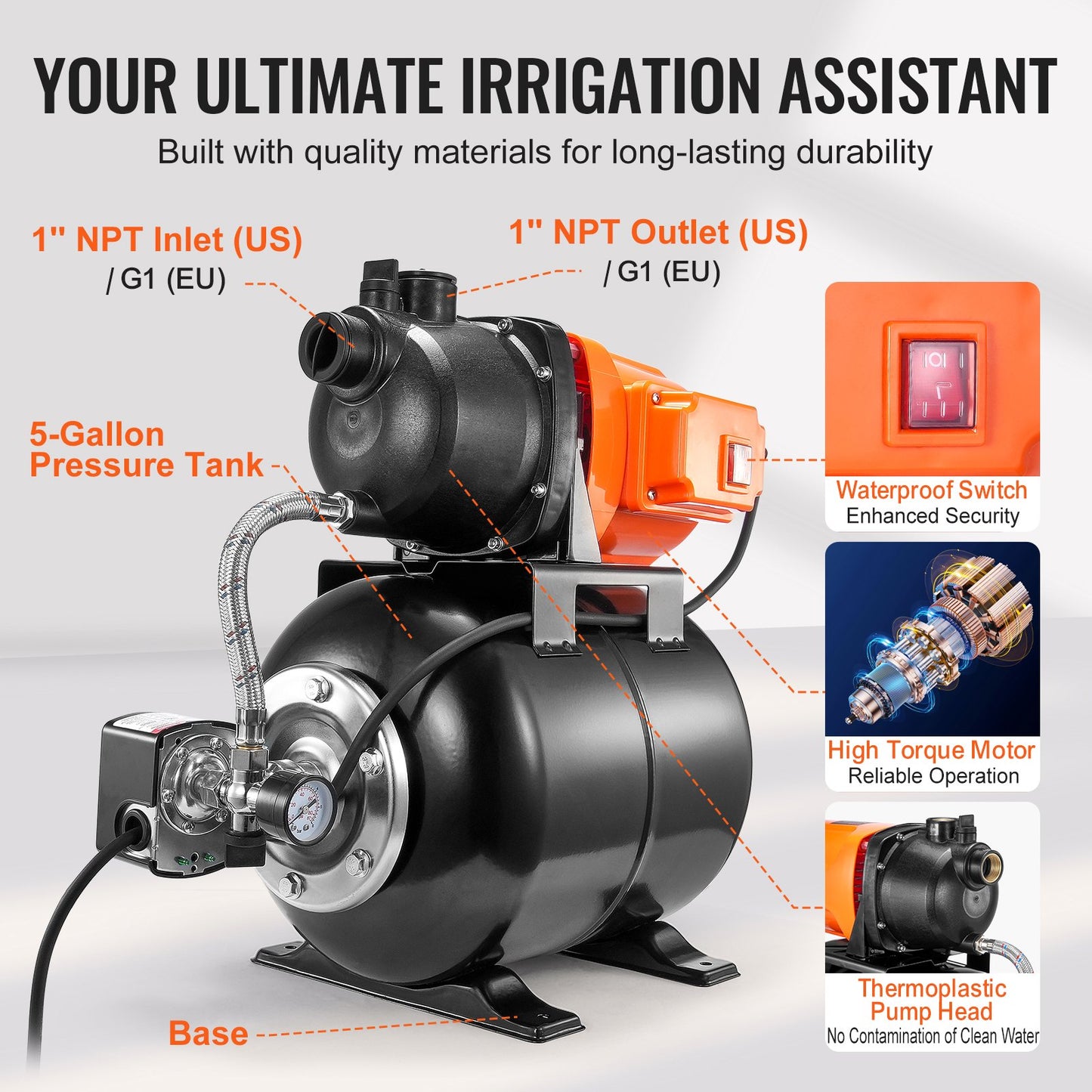 745 W (1 PS) Flachbrunnenpumpe mit Druckbehälter, 63 l/min (1000 GPH), automatische Bewässerungspumpe mit 50 m Förderhöhe, 1,4/2,8 bar (20/40 PSI) Druckschalter, thermoplastischer Pumpenkopf für Hausgarten und Rasen