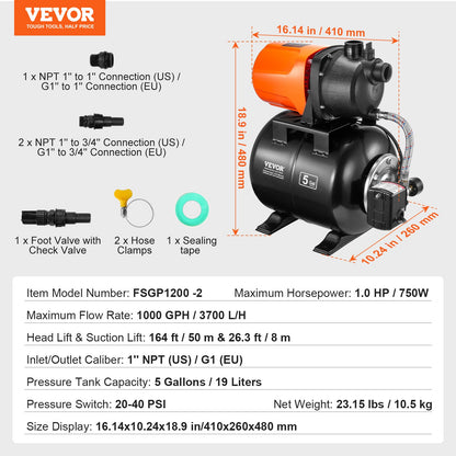745 W (1 PS) Flachbrunnenpumpe mit Druckbehälter, 63 l/min (1000 GPH), automatische Bewässerungspumpe mit 50 m Förderhöhe, 1,4/2,8 bar (20/40 PSI) Druckschalter, thermoplastischer Pumpenkopf für Hausgarten und Rasen