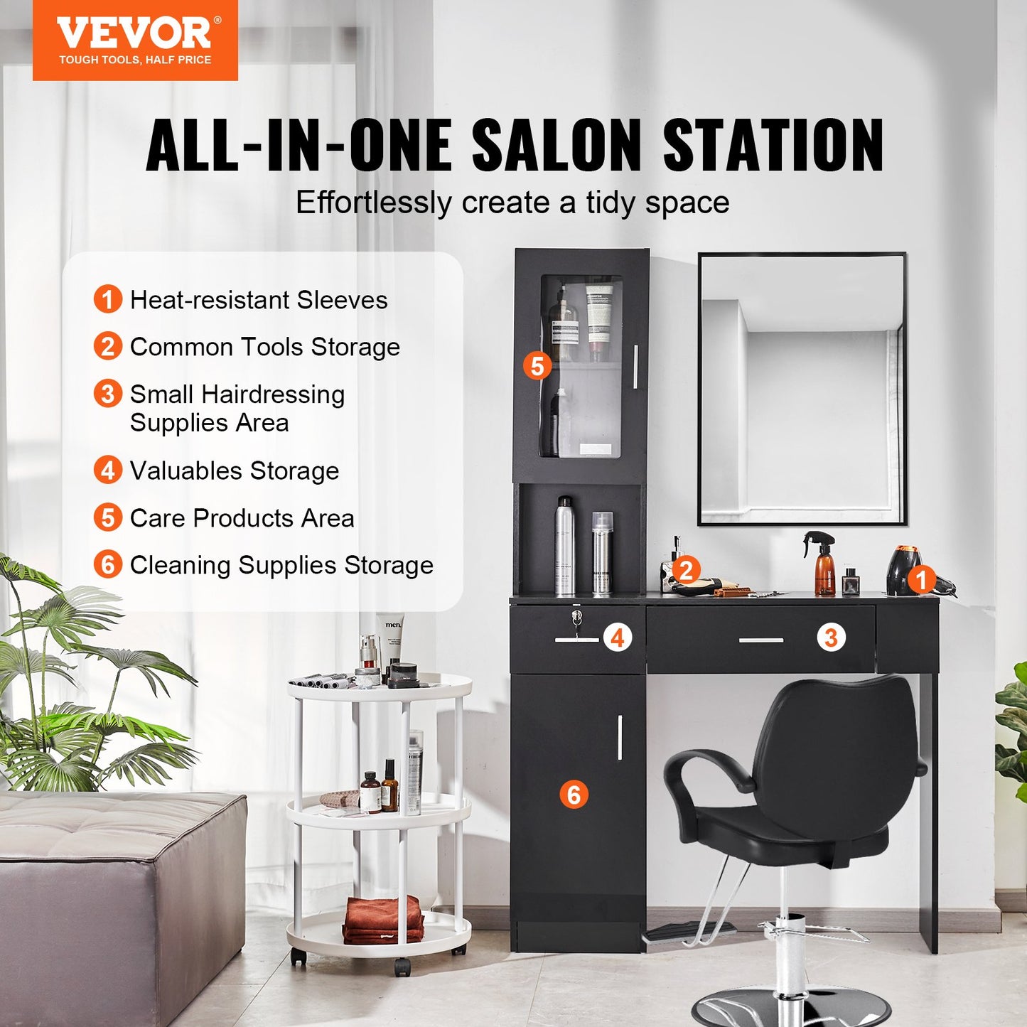 Salon-Arbeitsplatz, Wandmontierter Friseur-Arbeitsplatz, Beauty-Spa-Möbelset, 1 Schrank, 3 Fächer und 2 Schubladen (eine abschließbar), Schwarz