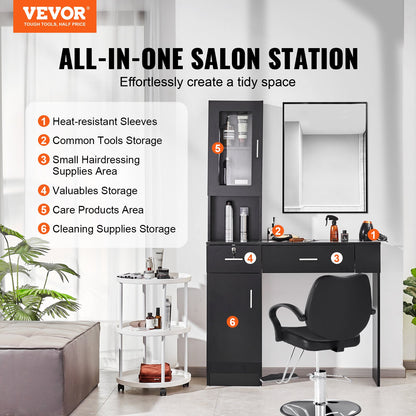 Salon-Arbeitsplatz, Wandmontierter Friseur-Arbeitsplatz, Beauty-Spa-Möbelset, 1 Schrank, 3 Fächer und 2 Schubladen (eine abschließbar), Schwarz