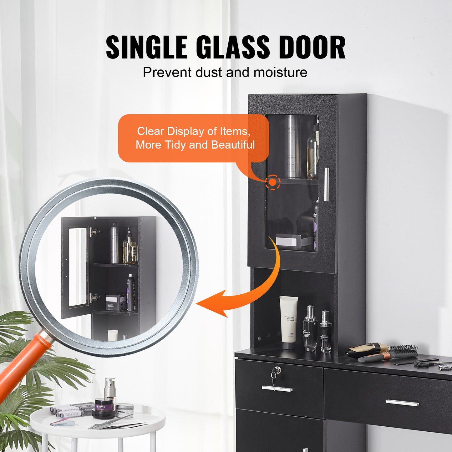 Salon-Arbeitsplatz, Wandmontierter Friseur-Arbeitsplatz, Beauty-Spa-Möbelset, 1 Schrank, 3 Fächer und 2 Schubladen (eine abschließbar), Schwarz