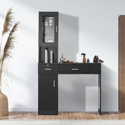 Salon-Arbeitsplatz, Wandmontierter Friseur-Arbeitsplatz, Beauty-Spa-Möbelset, 1 Schrank, 3 Fächer und 2 Schubladen (eine abschließbar), Schwarz