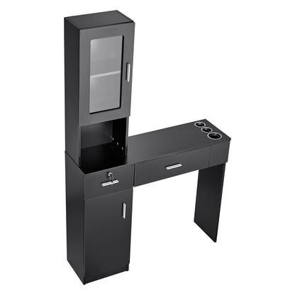 Salon-Arbeitsplatz, Wandmontierter Friseur-Arbeitsplatz, Beauty-Spa-Möbelset, 1 Schrank, 3 Fächer und 2 Schubladen (eine abschließbar), Schwarz