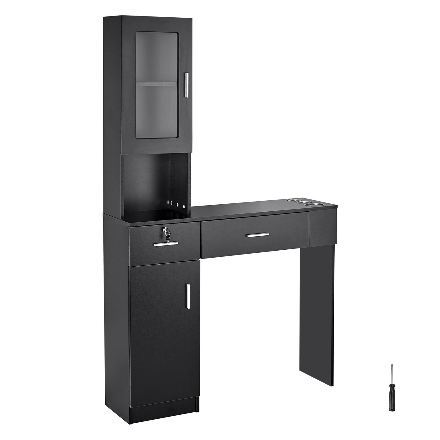 Salon-Arbeitsplatz, Wandmontierter Friseur-Arbeitsplatz, Beauty-Spa-Möbelset, 1 Schrank, 3 Fächer und 2 Schubladen (eine abschließbar), Schwarz