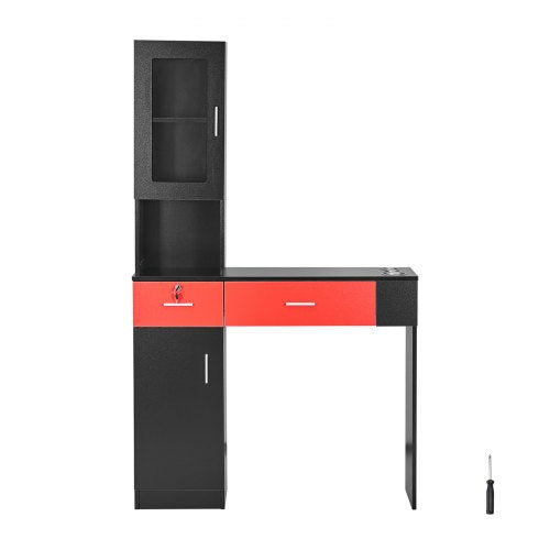 Salon-Arbeitsplatz, Wandmontierter Friseur-Arbeitsplatz, Beauty-Spa-Möbelset, 1 Schrank, 3 Fächer und 2 Schubladen (eine abschließbar), Schwarz und Rot