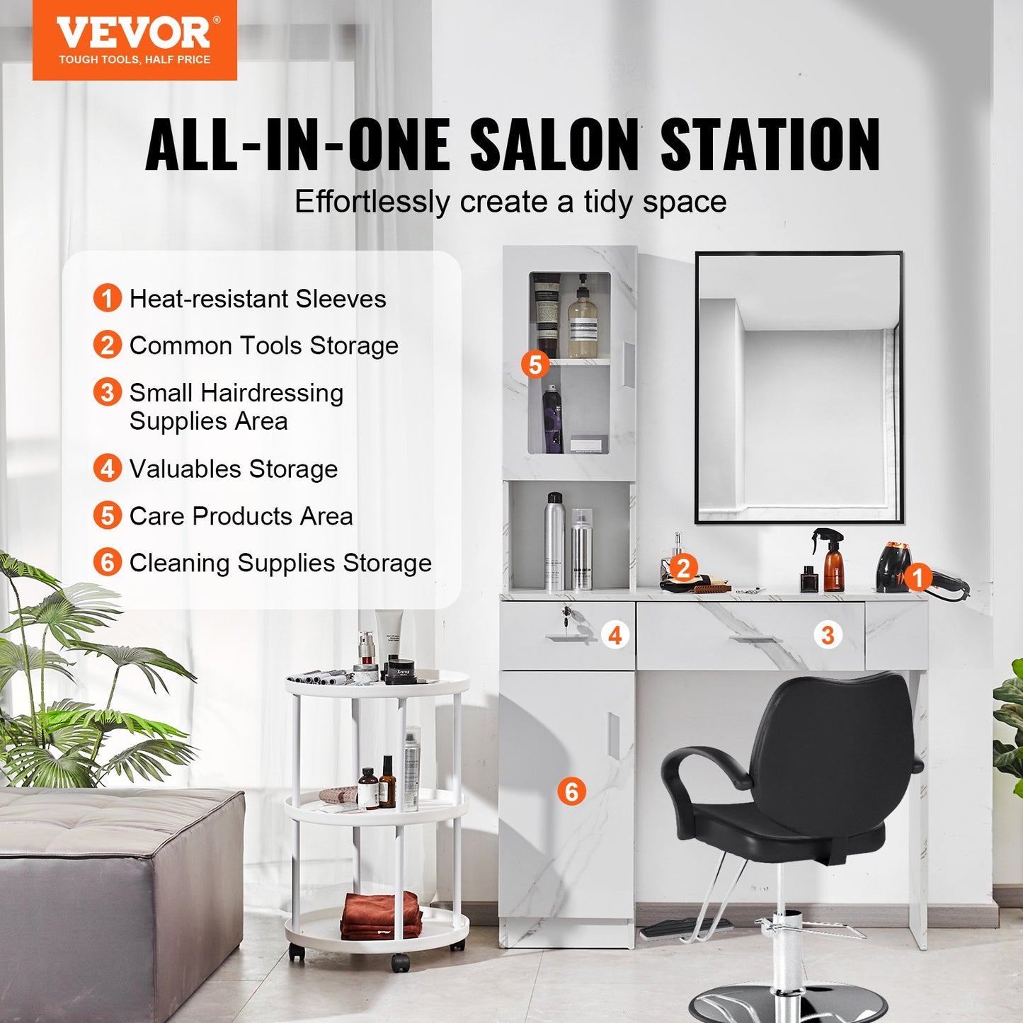 Salon-Arbeitsplatz, Wandmontierter Friseur-Arbeitsplatz, Beauty-Spa-Möbelset, 1 Schrank, 3 Fächer und 2 Schubladen (eine abschließbar), Weiß