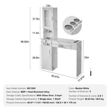 Salon-Arbeitsplatz, Wandmontierter Friseur-Arbeitsplatz, Beauty-Spa-Möbelset, 1 Schrank, 3 Fächer und 2 Schubladen (eine abschließbar), Weiß
