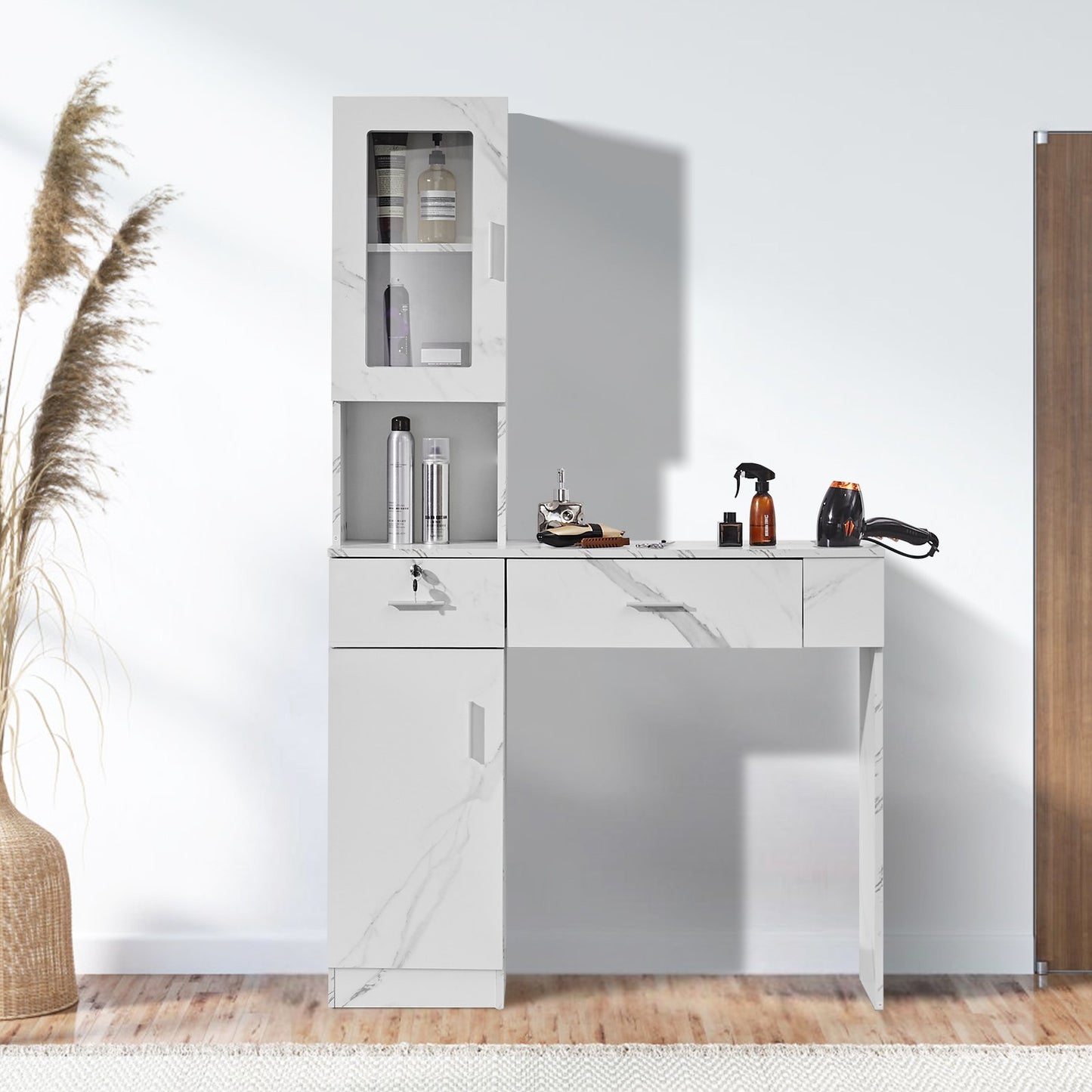 Salon-Arbeitsplatz, Wandmontierter Friseur-Arbeitsplatz, Beauty-Spa-Möbelset, 1 Schrank, 3 Fächer und 2 Schubladen (eine abschließbar), Weiß