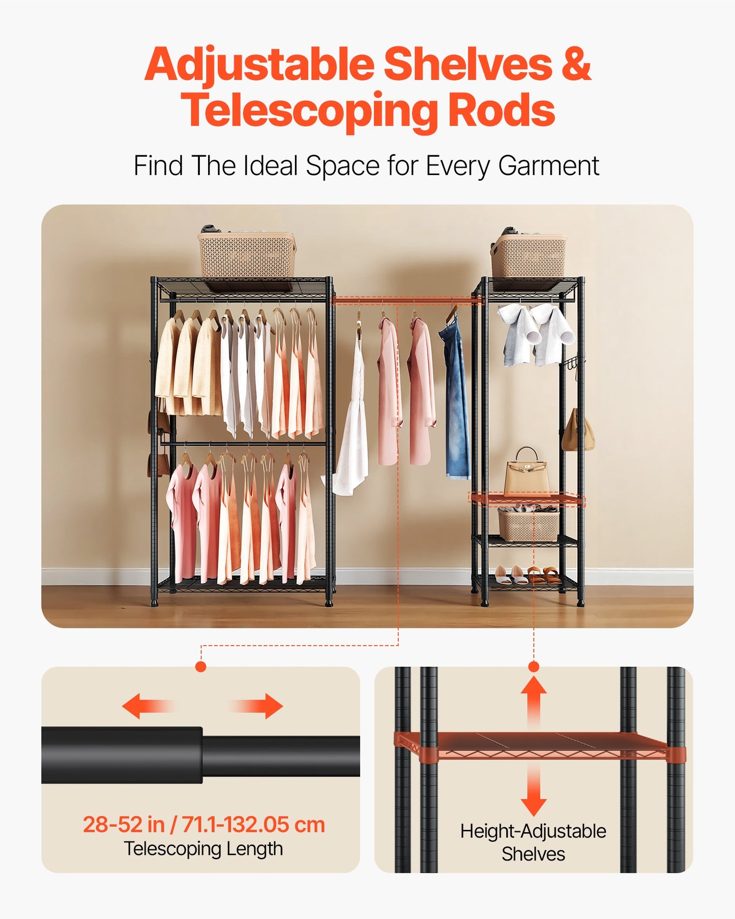 Kleiderständer, Schwerlast-Kleiderständer, freistehender Kleiderständer mit Stahlrahmen, 363 kg Tragkraft, Kleiderschrank mit Ablagefächern für Schlafzimmer, Abstellraum, Flur