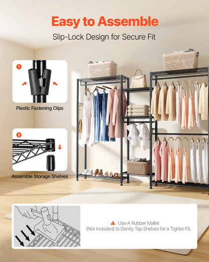 Kleiderständer, Schwerlast-Kleiderschrank, 7 verstellbare Kleiderstangen mit Stahlrahmen, Tragkraft 385,5 kg, mit 4 Kleiderstangen für Schlafzimmer, Abstellraum, Flur