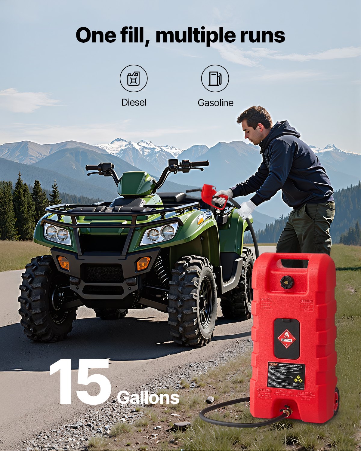 Fuel Caddy, 15 Gallon, Portable Fuel Tank with Gravity & Hand Pump Modes, Fuel Tank Container with Wheels, 10 ft Delivery Hose & Manual Pump, Gas Caddy for Motorboats, ATVs, Gasoline & Diesel