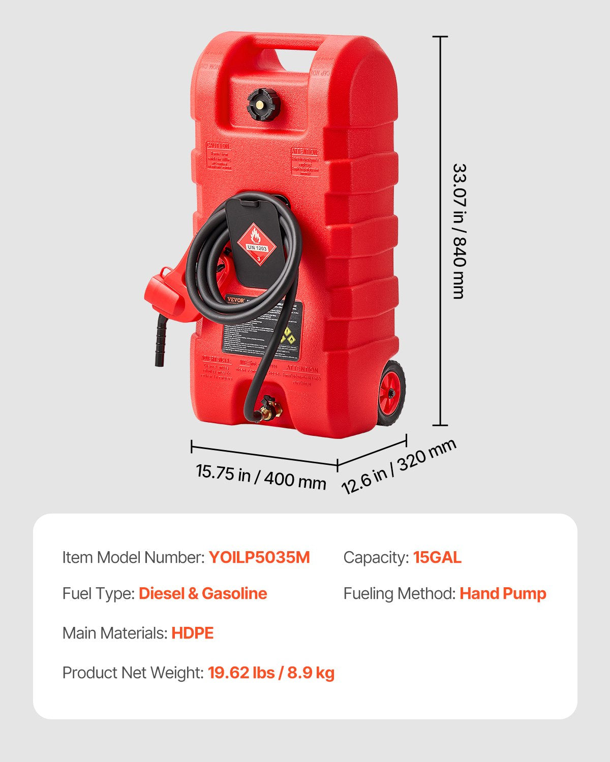 Fuel Caddy, 15 Gallon, Portable Fuel Tank with Gravity & Hand Pump Modes, Fuel Tank Container with Wheels, 10 ft Delivery Hose & Manual Pump, Gas Caddy for Motorboats, ATVs, Gasoline & Diesel