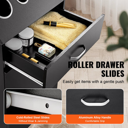 Salon Storage Cabinet, Barber Salon Station for Hair Stylist, Hair Stylist Station Set, with 3 Hair Dryer Holders, Cabinets, and A Drawer, Black