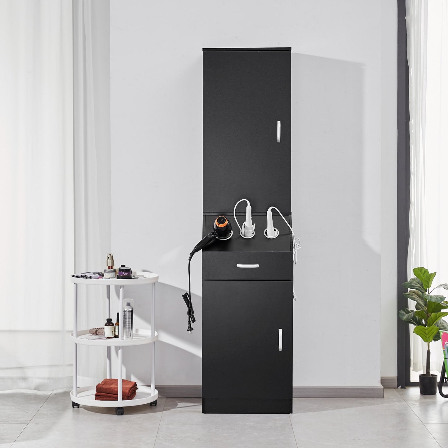 Salon Storage Cabinet, Barber Salon Station for Hair Stylist, Hair Stylist Station Set, with 3 Hair Dryer Holders, Cabinets, and A Drawer, Black