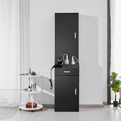 Salon Storage Cabinet, Barber Salon Station for Hair Stylist, Hair Stylist Station Set, with 3 Hair Dryer Holders, Cabinets, and A Drawer, Black
