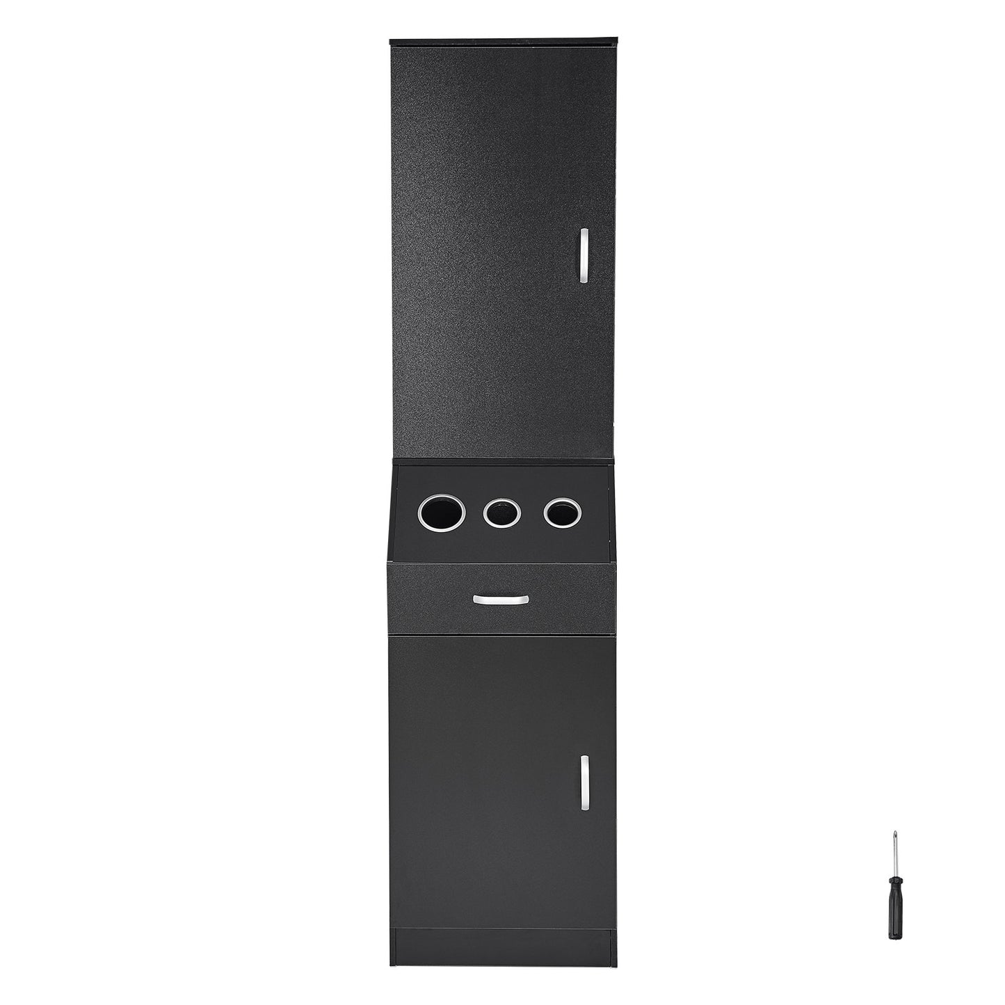 Salon Storage Cabinet, Barber Salon Station for Hair Stylist, Hair Stylist Station Set, with 3 Hair Dryer Holders, Cabinets, and A Drawer, Black