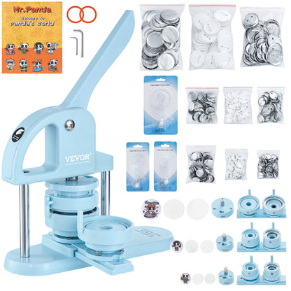 Button Maker, 1/1.25/2.28 inch(25/32/58mm) 3-IN-1 Pin Maker, 300pcs Button Parts, Button Maker Machine with Panda Magic Book, Ergonomic Arc Handle Punch Press Kit, For Children DIY Gifts, Blue
