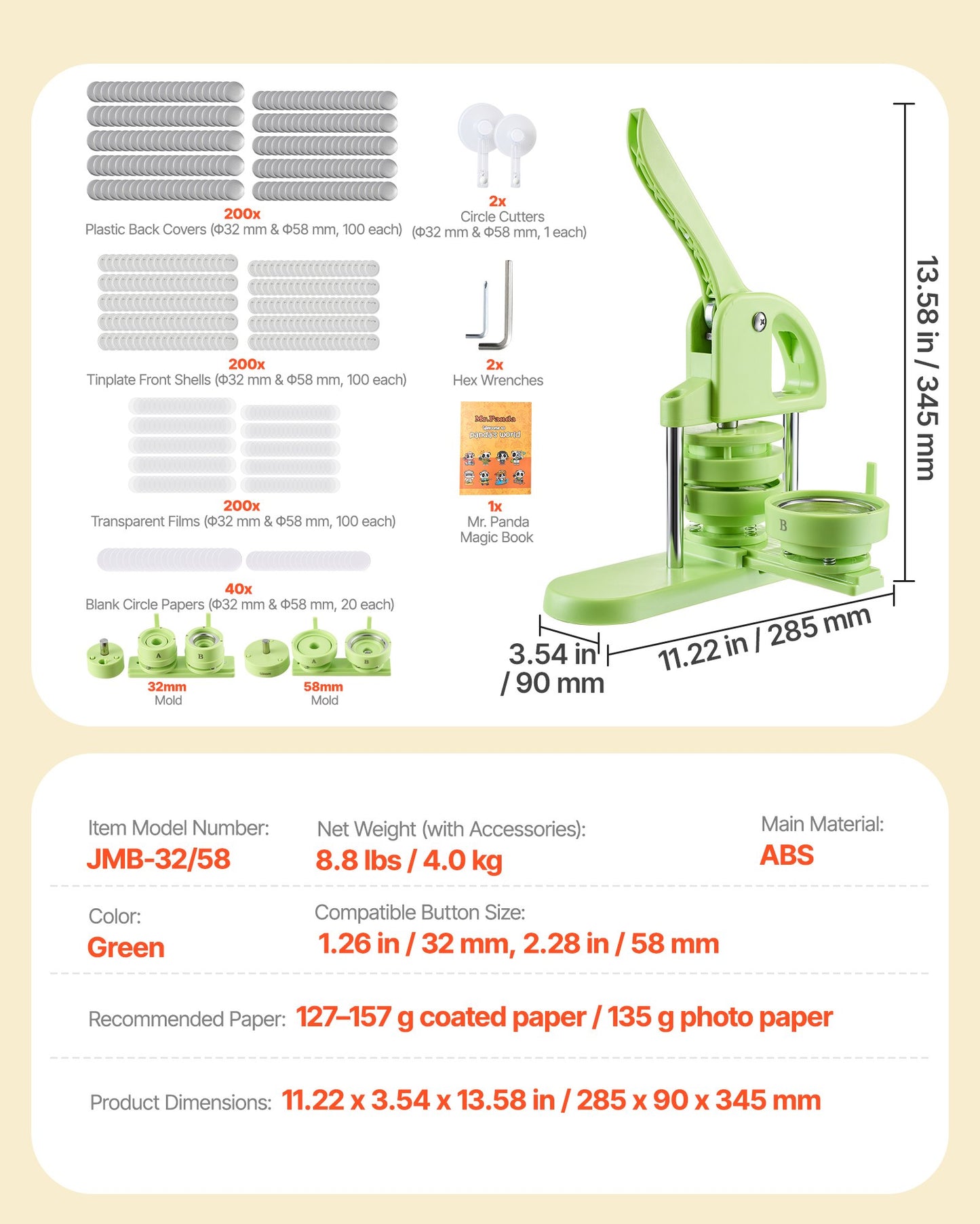 Buttonmaschine, 32 mm / 58 mm 2-in-1, Kunststoff-Pin-Maschine mit 200 Button-Rohlingen, Kreisschneider und Zauberbuch, verstärkter ergonomischer Griff, für selbstgemachte Anstecknadeln und personalisierte Pins, Grün