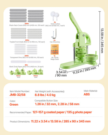 Buttonmaschine, 32 mm / 58 mm 2-in-1, Kunststoff-Pin-Maschine mit 200 Button-Rohlingen, Kreisschneider und Zauberbuch, verstärkter ergonomischer Griff, für selbstgemachte Anstecknadeln und personalisierte Pins, Grün