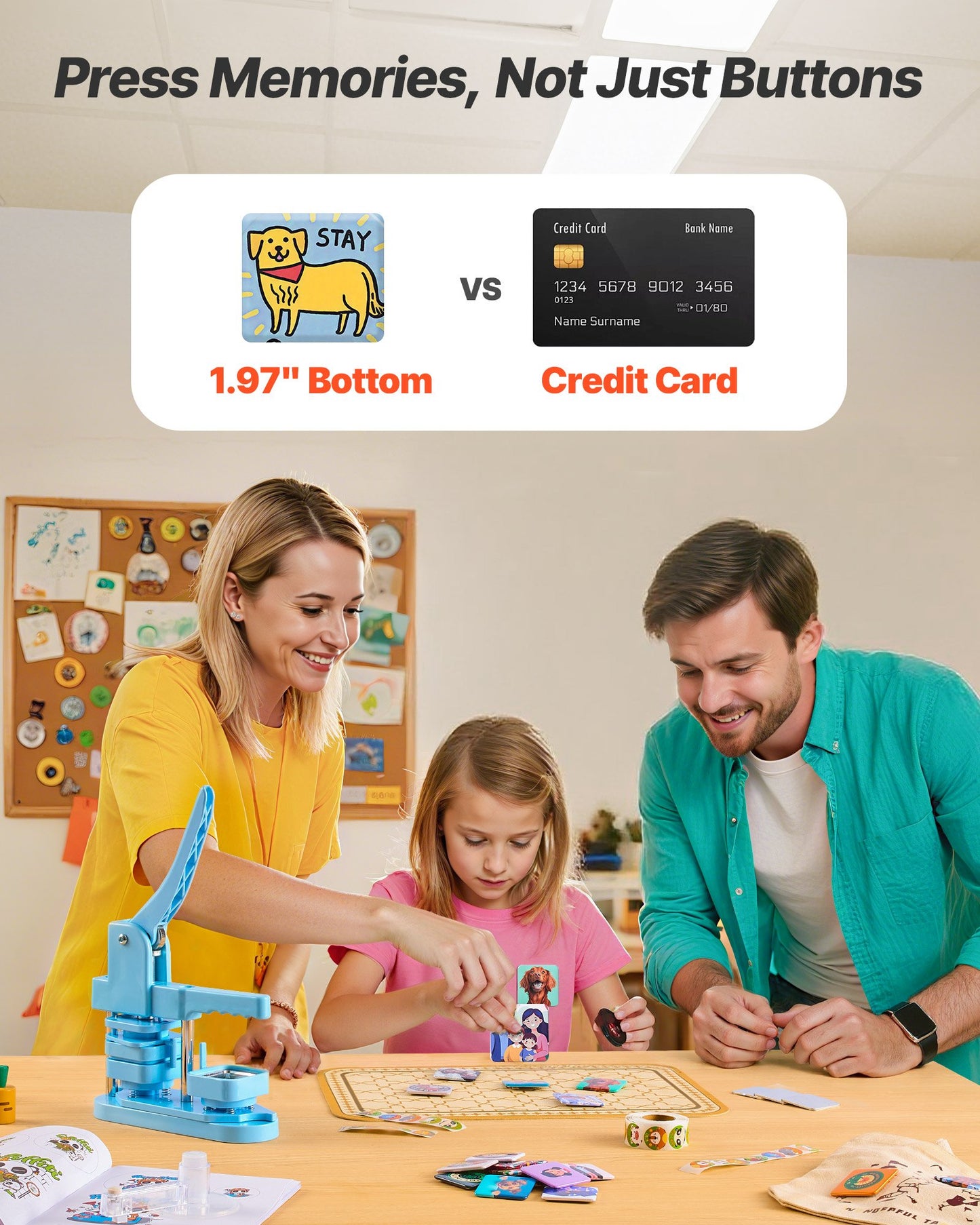 Buttonmaschine, 50 x 50 mm quadratisch, Kunststoff-Pin-Maschine mit Frontgehäusen aus Weißblech, Kunststoff-Rückabdeckungen, Magnetverschlüssen und transparenten Folien, ergonomischem Griff, für selbstgemachte Buttons, blau