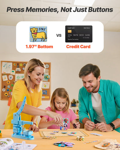 Buttonmaschine, 50 x 50 mm quadratisch, Kunststoff-Pin-Maschine mit Frontgehäusen aus Weißblech, Kunststoff-Rückabdeckungen, Magnetverschlüssen und transparenten Folien, ergonomischem Griff, für selbstgemachte Buttons, blau