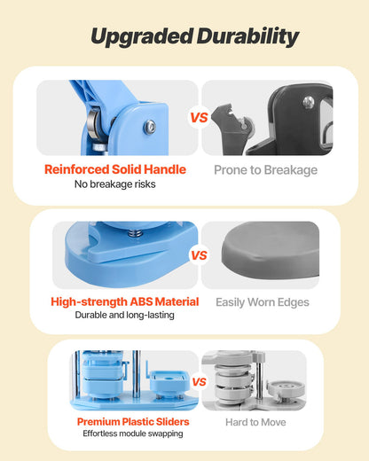 Buttonmaschine, 50 x 50 mm quadratisch, Kunststoff-Pin-Maschine mit Frontgehäusen aus Weißblech, Kunststoff-Rückabdeckungen, Magnetverschlüssen und transparenten Folien, ergonomischem Griff, für selbstgemachte Buttons, blau