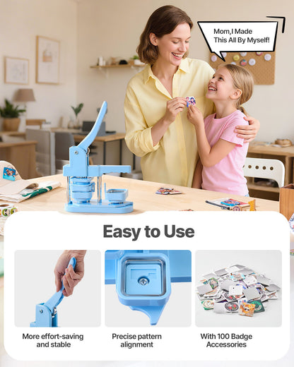 Buttonmaschine, 50 x 50 mm quadratisch, Kunststoff-Pin-Maschine mit Frontgehäusen aus Weißblech, Kunststoff-Rückabdeckungen, Magnetverschlüssen und transparenten Folien, ergonomischem Griff, für selbstgemachte Buttons, blau