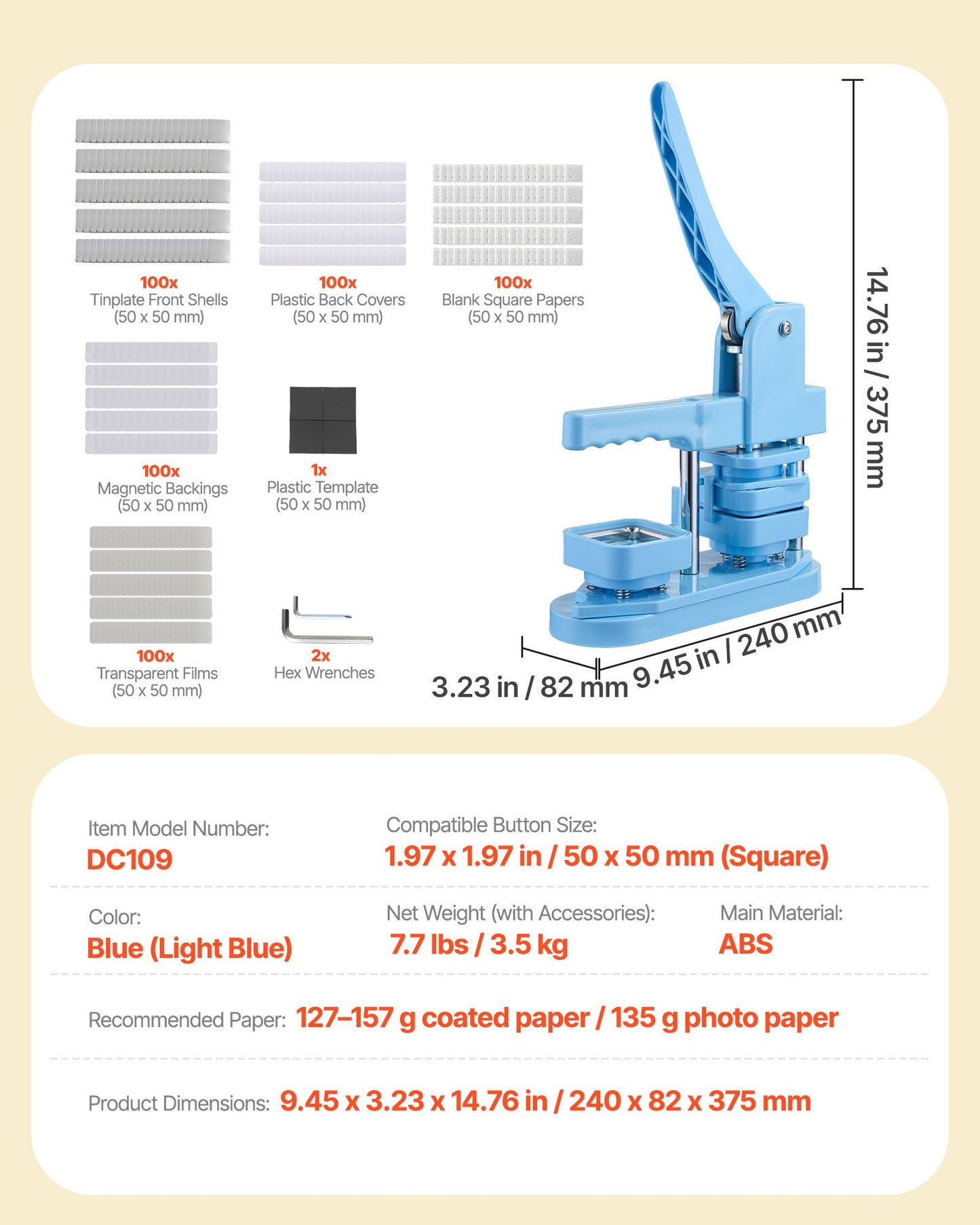 Buttonmaschine, 50 x 50 mm quadratisch, Kunststoff-Pin-Maschine mit Frontgehäusen aus Weißblech, Kunststoff-Rückabdeckungen, Magnetverschlüssen und transparenten Folien, ergonomischem Griff, für selbstgemachte Buttons, blau