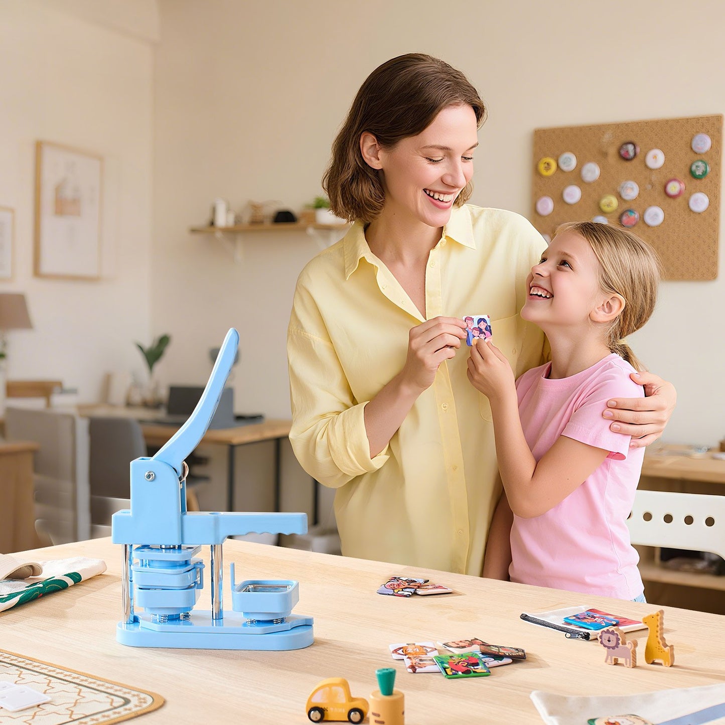 Buttonmaschine, 50 x 50 mm quadratisch, Kunststoff-Pin-Maschine mit Frontgehäusen aus Weißblech, Kunststoff-Rückabdeckungen, Magnetverschlüssen und transparenten Folien, ergonomischem Griff, für selbstgemachte Buttons, blau