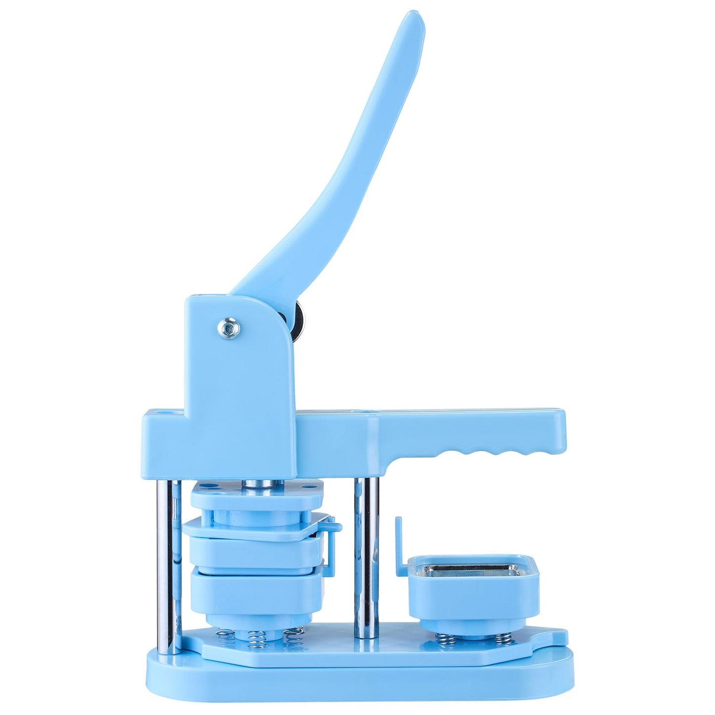 Buttonmaschine, 50 x 50 mm quadratisch, Kunststoff-Pin-Maschine mit Frontgehäusen aus Weißblech, Kunststoff-Rückabdeckungen, Magnetverschlüssen und transparenten Folien, ergonomischem Griff, für selbstgemachte Buttons, blau