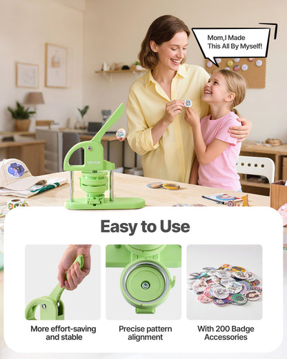 Buttonmaschine, 58 mm / 75 mm 2-in-1, Kunststoff-Pin-Maschine mit 200 Button-Rohlingen, Kreisschneider und Zauberbuch, verstärkter ergonomischer Griff, für selbstgemachte Anstecknadeln und personalisierte Pins, Grün