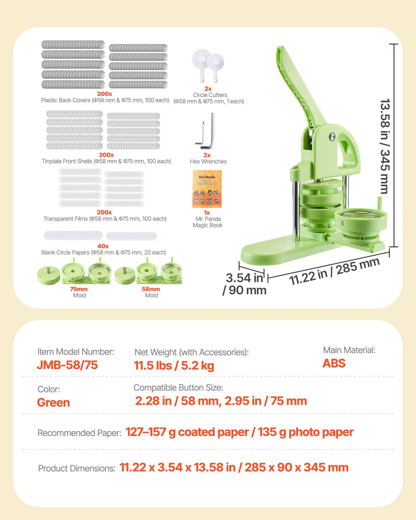 Buttonmaschine, 58 mm / 75 mm 2-in-1, Kunststoff-Pin-Maschine mit 200 Button-Rohlingen, Kreisschneider und Zauberbuch, verstärkter ergonomischer Griff, für selbstgemachte Anstecknadeln und personalisierte Pins, Grün
