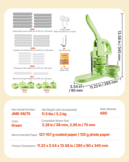 Buttonmaschine, 58 mm / 75 mm 2-in-1, Kunststoff-Pin-Maschine mit 200 Button-Rohlingen, Kreisschneider und Zauberbuch, verstärkter ergonomischer Griff, für selbstgemachte Anstecknadeln und personalisierte Pins, Grün