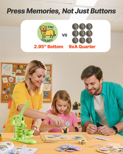 Buttonmaschine, 75 mm, Kunststoff-Pin-Maschine mit 100 Buttonrohlingen, Kreisschneider und Zauberbuch, verstärktem ergonomischem Griff, für selbstgemachte Anstecknadeln, personalisierte Pins und Schlüsselanhänger, Grün