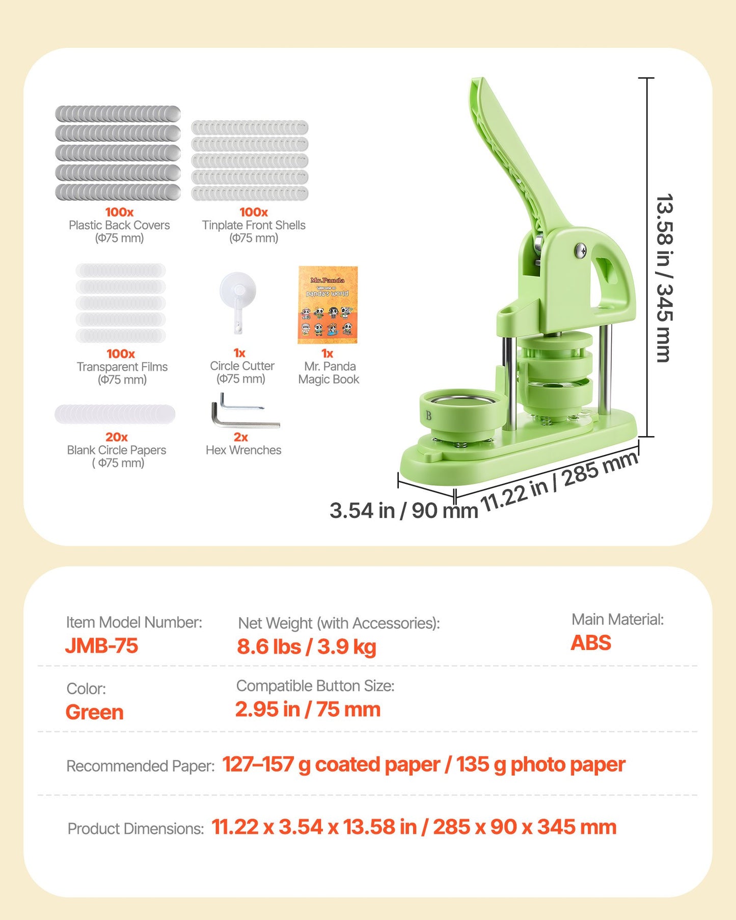 Buttonmaschine, 75 mm, Kunststoff-Pin-Maschine mit 100 Buttonrohlingen, Kreisschneider und Zauberbuch, verstärktem ergonomischem Griff, für selbstgemachte Anstecknadeln, personalisierte Pins und Schlüsselanhänger, Grün