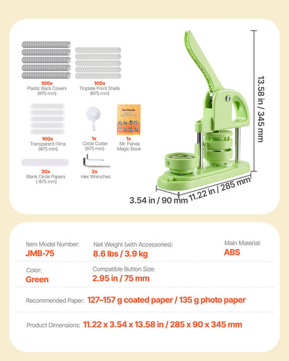 Buttonmaschine, 75 mm, Kunststoff-Pin-Maschine mit 100 Buttonrohlingen, Kreisschneider und Zauberbuch, verstärktem ergonomischem Griff, für selbstgemachte Anstecknadeln, personalisierte Pins und Schlüsselanhänger, Grün