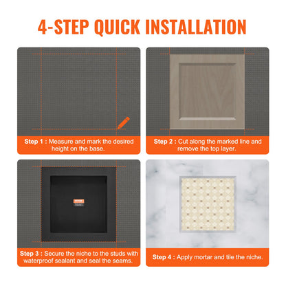 Shower Niche Ready for Tile 40.64 x 40.64 cm, Single Shelf Organizer, Square Corners Wall-inserted Niche Recessed, Sealed Protection Modern Soap Storage Niche for Shower Bathroom, Black