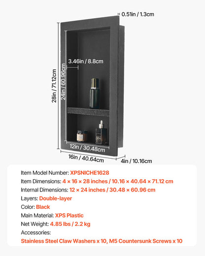 Shower Niche, 40.6 x 71.1 x 10.2 cm Recessed Wall Niche with Movable Divider Shelf, Modern Soap & Shampoo Storage Organizer,Square Corners,Sealed Waterproof Design,Black for Bathroom