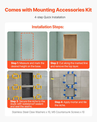Shower Niche, 40.6 x 50.8 x 10.2 cm Recessed Wall Niche with Movable Divider Shelf, Modern Soap & Shampoo Storage Organizer, Square Corners, Sealed Waterproof Design, Black for Bathroom Shower