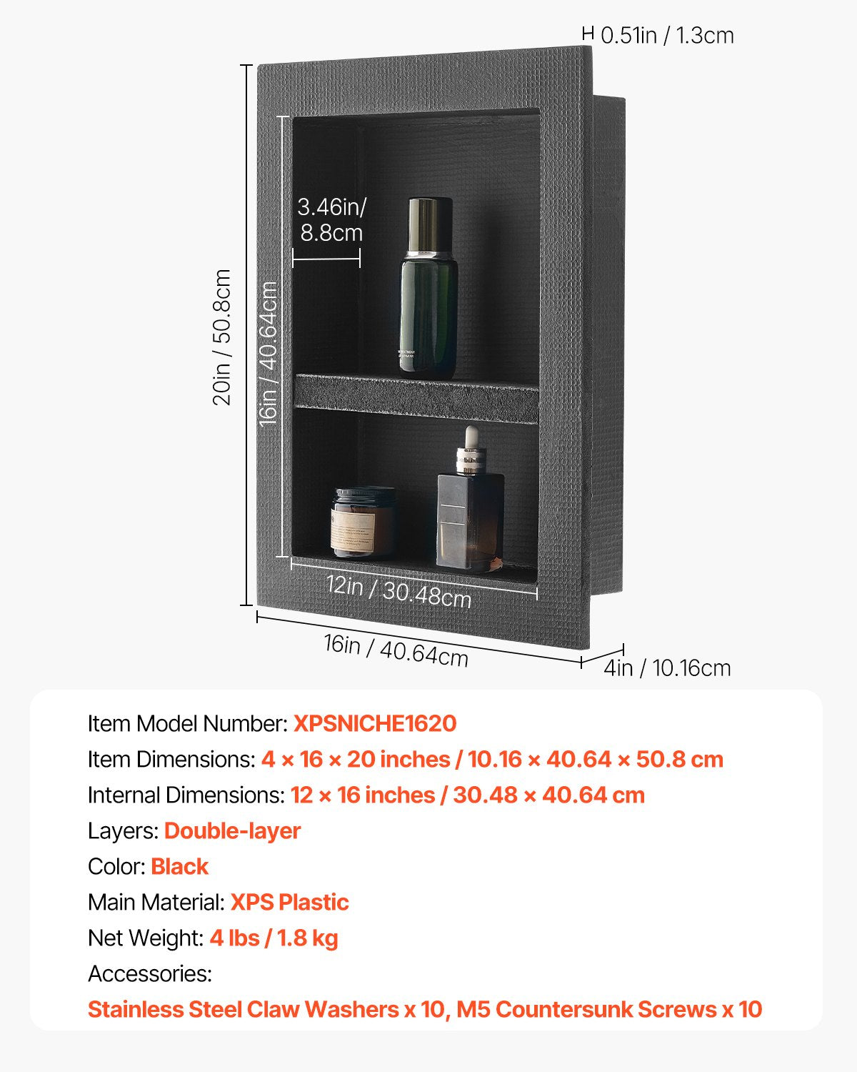 Shower Niche, 40.6 x 50.8 x 10.2 cm Recessed Wall Niche with Movable Divider Shelf, Modern Soap & Shampoo Storage Organizer, Square Corners, Sealed Waterproof Design, Black for Bathroom Shower