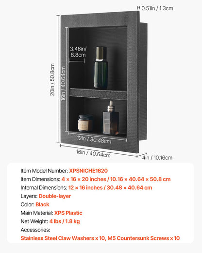 Shower Niche, 40.6 x 50.8 x 10.2 cm Recessed Wall Niche with Movable Divider Shelf, Modern Soap & Shampoo Storage Organizer, Square Corners, Sealed Waterproof Design, Black for Bathroom Shower